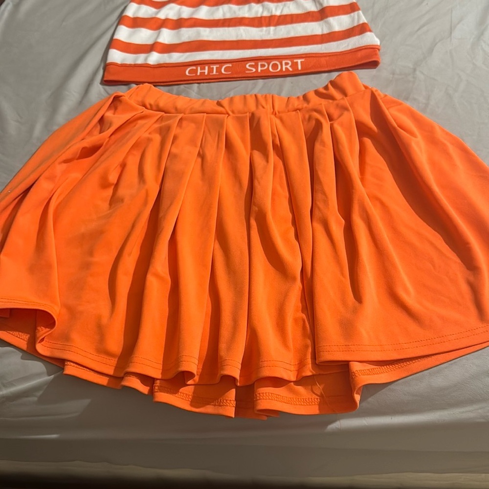 Orange Mini Skater Skirt with Pleated High-Low Design